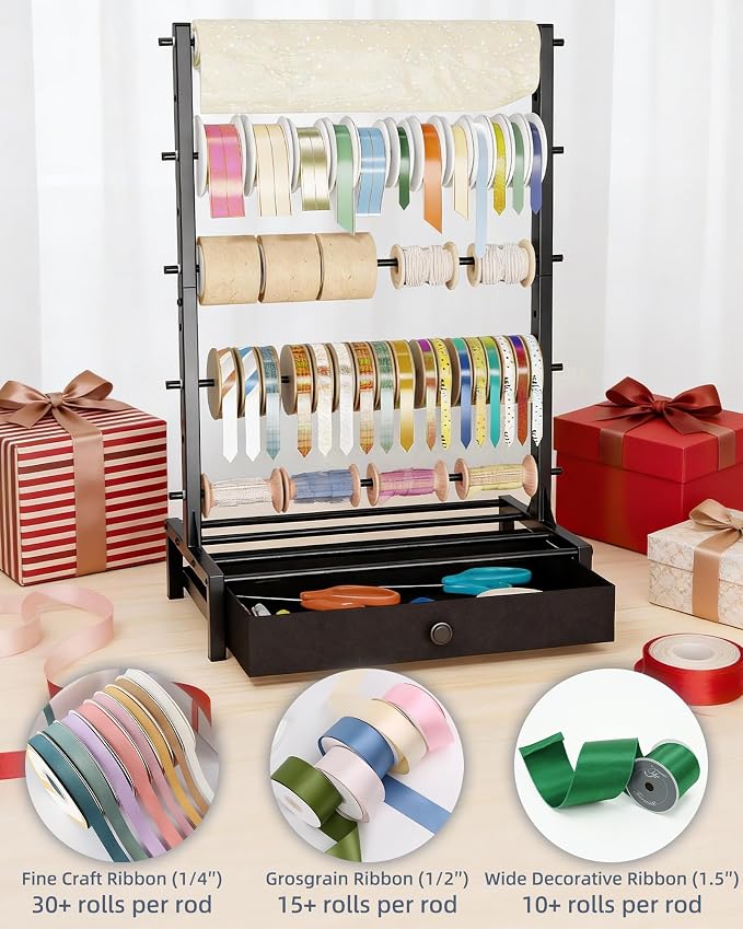Ribbon Organizer with Fabric Drawer, Adjustable 5-Tier Ribbon Holder, Large Capacity Stable Ribbon Storage Rack for Craft Room, Gift Wrapping & Florist Supplies - Image 5