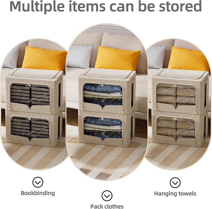 FHSQX 3 Pack Clothes Storage Bins - Foldable Metal Frame Storage Box - Stackable Linen Fabric Container Organizer Set with Carrying Handles and Clear Window (Beige, 16.5x12.2x12.2inch(40L)) - Image 5