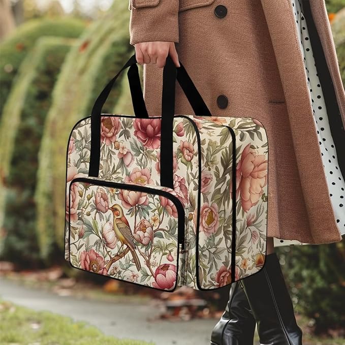 Bird Flower Organizer with Zipper Floral Portable Padded Storage with 4 Bottom Rubber Pads Sewing Machine Cases and Totes Soft Storage Bag for Handheld Sewing Machine - Image 3
