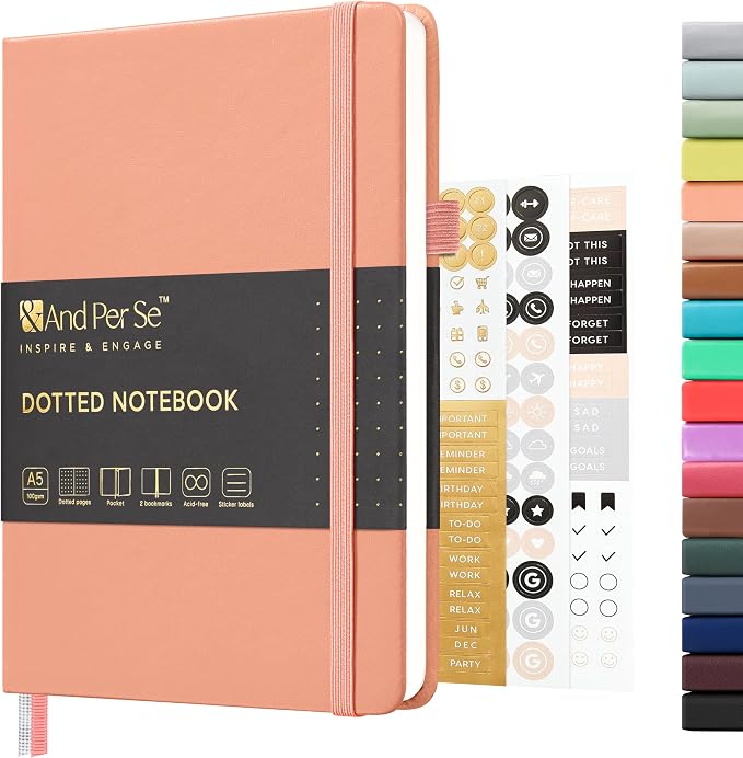 &And Per Se Dotted Journal Notebook, A5 Hardcover Aesthetic Dotted Notebook – 160 Pages 100gsm Thick Dot Grid Paper, 3 Sticker Sheets – Gift-Ready Journaling Kit for Women (Peach Pink) by AndPerSe