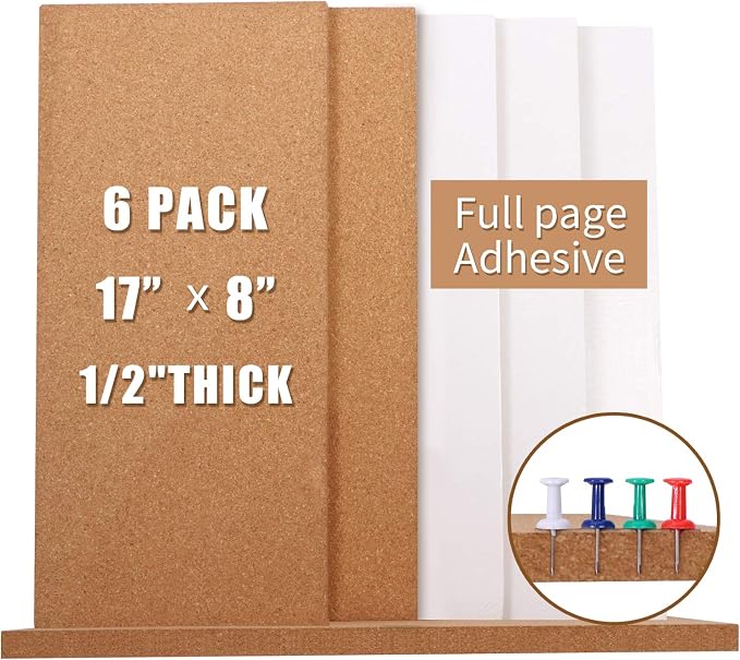 Cork Bulletin Board 17"x8" - 1/2" Thick Cork Board Tiles Frameless Cork Tiles, Self-Adhesive Corkboards Wall Decor with a Box Bonus Pushpins (6pack) for Office, School and Home by Femst