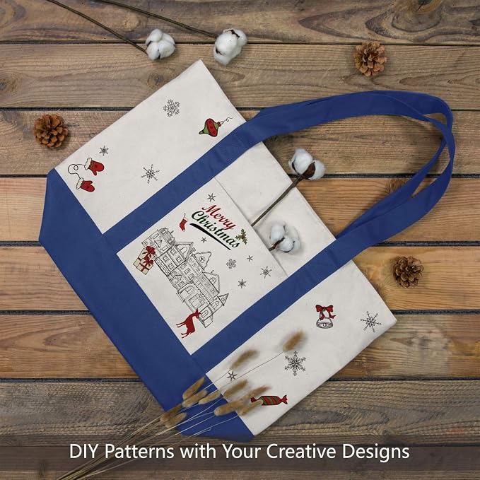 TOPDesign 3-Pack Canvas Tote Bags with an External Pocket, Reusable Grocery Shopping Bags, Top Zipper Closure, Daily Essentials (Blue/Natural) - Image 3