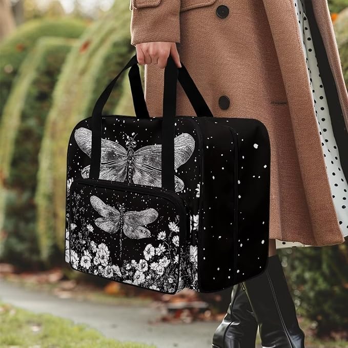 Txnsiver Sewing Machine Bag Universal Sewing Machine Dust Storage Case Large Capacity Travel Tote Bag Portable Versatile Travel Tote Bag with Handle and Soft Cushion, Dragonfly Flower - Image 3