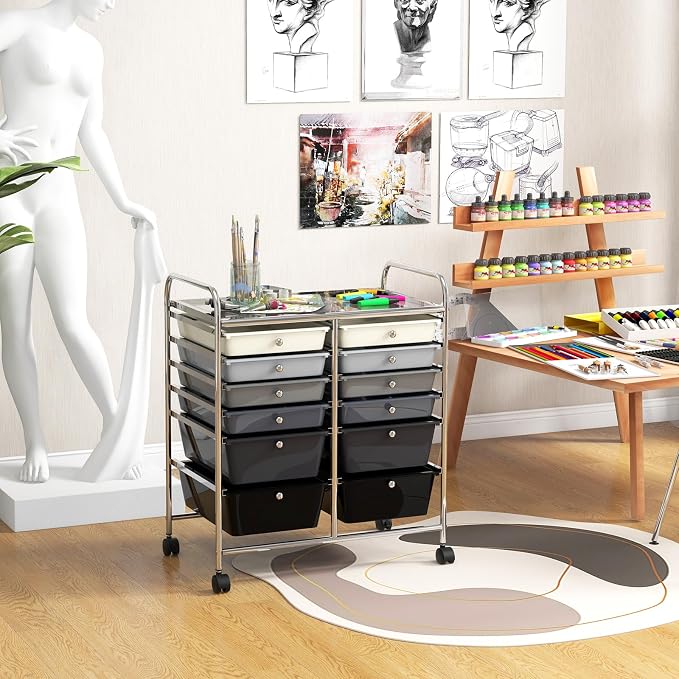 Moccha 12-Drawer Rolling Storage Cart - Utility Cart on Wheels with Lockable Casters for Craft Art Supply Paper Salon, Mobile Drawer Carts for Classroom Teacher School Office (Gradient Grey) - Image 8