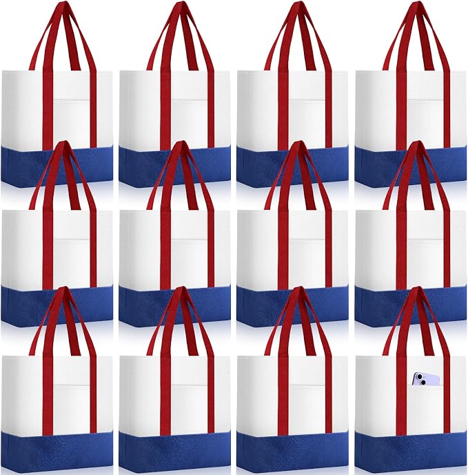 Sanwuta 12 Pcs Mini Canvas Tote Bags Bulk with Pocket Small Sublimation Blank Canvas Tote Reusable Grocery Bag for Women, DIY Craft (Red,Blue and White) by Sanwuta