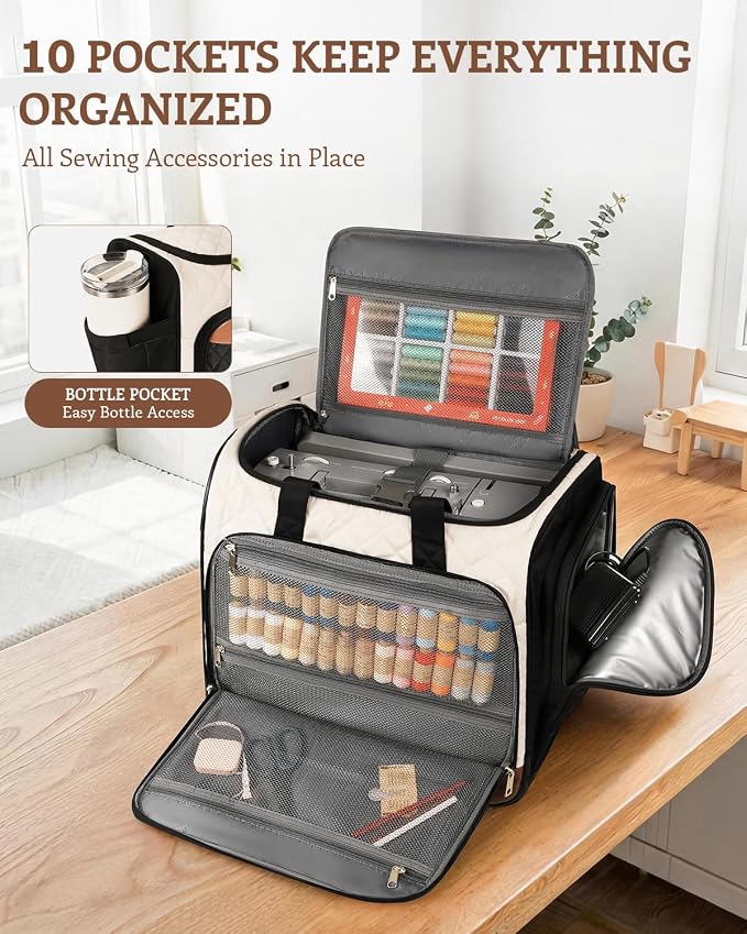 Arcoyard Sewing Machine Carrying Case with Base Plate, Shoulder Strap, Sewing Machine Bag Fits Most Standard Sewing Machines and Storage Sewing Accessories, for Brother, Singer, Janome, Beige Brown - Image 4