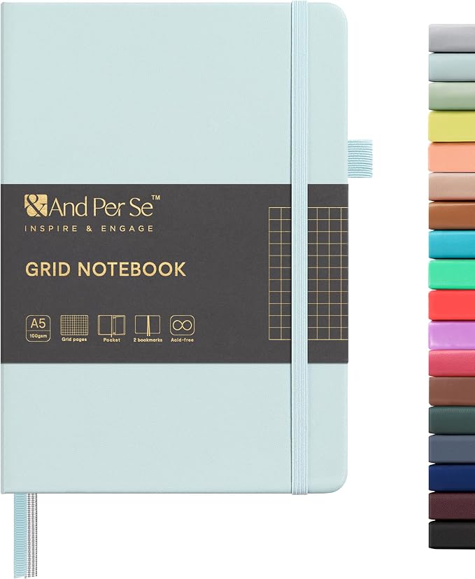 &And Per Se Graph Notebook, 5mm Grid, A5 Hardcover, 160 Pages 100gsm Thick Paper, Grid Journal for Diagrams, Wireframes, CAD Sketches (Cyan) by AndPerSe