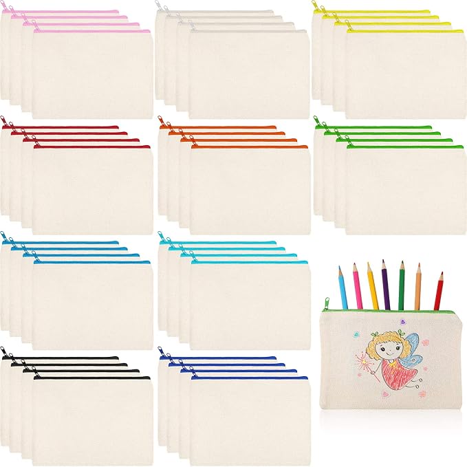 Shappy 40 Pcs Canvas Zipper Pouch Bags Pencil Pouch Bulk Canvas Makeup Bags Blank Pencil Case Cotton Cosmetic Case for Travel DIY Craft (9.25 x 6.89 Inches,L) by Shappy
