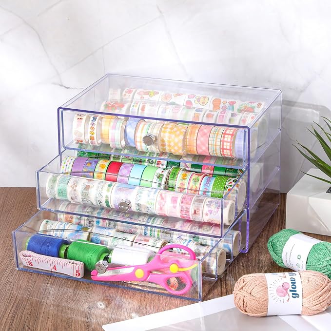 Wonderjune 1 Pack 3 Drawer Clear Washi Tape Organizer Acrylic Storage Box | 10 x 7 x 6.8 in, Divided Drawers, Clear Plastic Cube, Visible Storage for Craft Tape, Jewelry, Makeup Supplies - Image 5