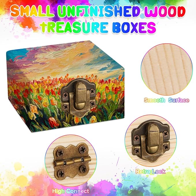 Sintuff 48 Pack Small Unfinished Wooden Boxes for Crafts 2.7 x 2.7 x 1.6 Inch Storage Treasure Chest with Hinged Lids Clasp Mini Pine Wood Jewelry Gift Boxes for DIY Bracelet Home Decorate Party Favor - Image 4