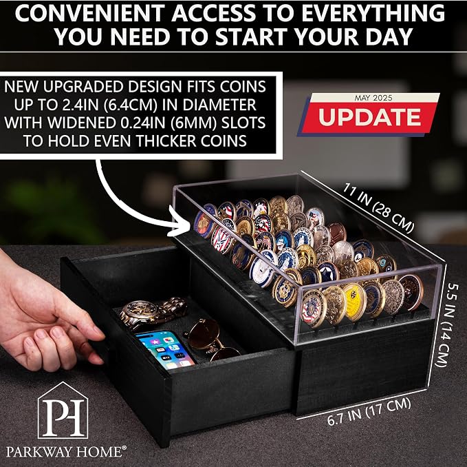 Large Black Wooden Challenge Coin Display Case with Clear Cover - Military Coin Display Case Holds 36 Coins on Top & 36 in The Storage Drawer - Versatile Coin Stand Holder & Poker Chip Display Case - Image 3