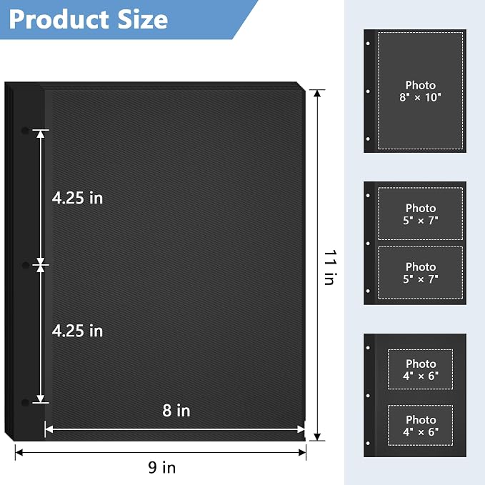 Vienrose Self Adhesive Photo Album Refill Pages 60 Sheets Black | 9 x 11 inch, 3 Ring D Ring binders, Acid free, Waterproof, 4x6 5x7 8x10 photos - Image 3