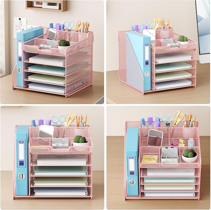 Lavatino Desk Organizer, 5-Tier Metal Mesh Paper Letter Tray with File Holder & 7 Flexible Dividers for Office or Home Desk Organizers and Accessories, Keep Workspace Supplies Neat & Organized, Pink - Image 5