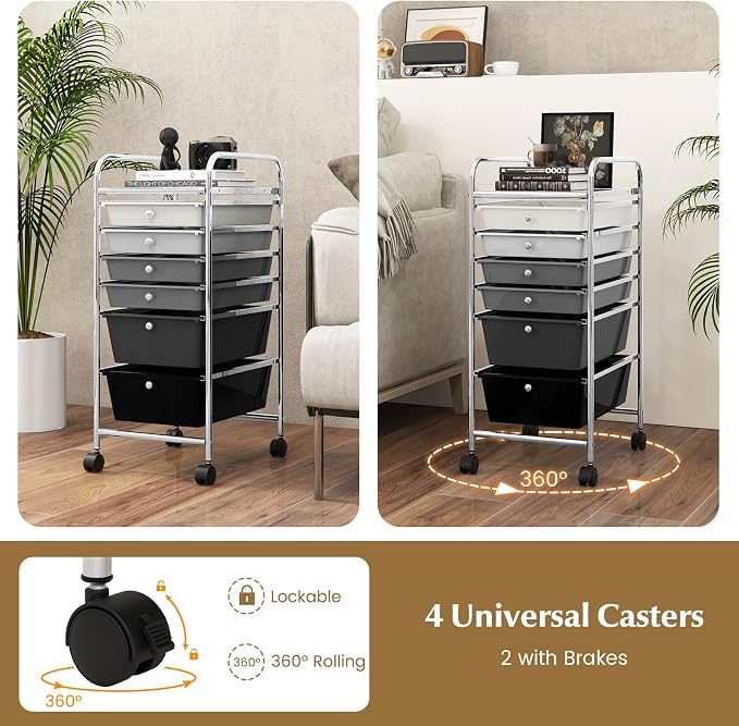 DREAMADE Rolling Cart with Storage Drawers, Utility Cart with Removable Plastic Drawers, Lockable Wheels, Art Cart for Classroom Organization Art Supplies Office Scrapbook (6 Drawers, Mixed-black) - Image 4