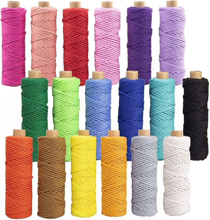 Macrame Cord 3mm x 594 Yards, 18 Rolls Natural Colored Macrame Cotton Cord Rope Kit Color Variety Macrame Jute Twine String 4 Strand Twisted for Wall Hanger Plant Hanging DIY Knitting Macrame Supplies by PHUNTTEK