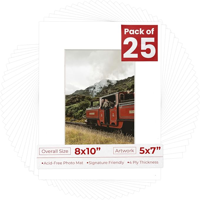 5x7 Mat for 8x10 Frame - Precut Mat Board Acid-Free Show Kit with Backing Board, and Clear Bags White 5x7 Photo Matte Made to Fit a 8x10 Picture Frame Matboard for Framing, Pack of 25 Mats by PosterPalooza