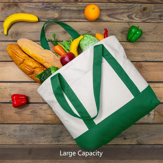 TOPDesign 1-Pack Canvas Tote Bag with an External Pocket, Reusable Grocery Shopping Bag, Top Zipper Closure, Daily Essentials (Green/Natural) - Image 4
