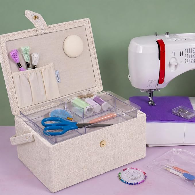 Hobby Gift Medium Sewing Box Organiser | Fabric Covered Storage Box, Handle, Internal Tray, Pin Cushion and Pocket, For Sewing, Quilting and Knitting Supplies - Image 7
