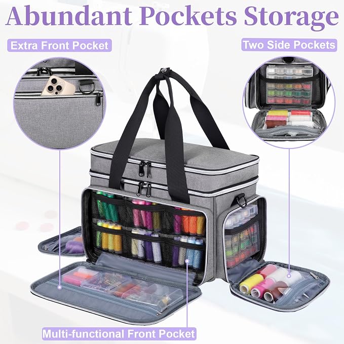 Anitor Sewing Supplies Organizer, Double Layer Sewing Storage Organizer | Two Detachable Dividers, Large Travel Sewing Bag Organizer with Shoulder Strap for Accessories (Bag Only) - Image 6