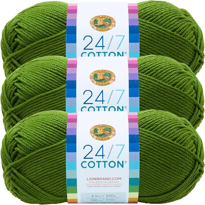 Lion Brand Yarn, 24/7 Cotton Yarn, Grass, Green, 3 Pack | Light Worsted 100% Mercerized Cotton Yarn for Crochet, Knitting, Craft, 185 Yards of Natural Fiber for Tees, Bags, Dishcloths by LionBrandYarn