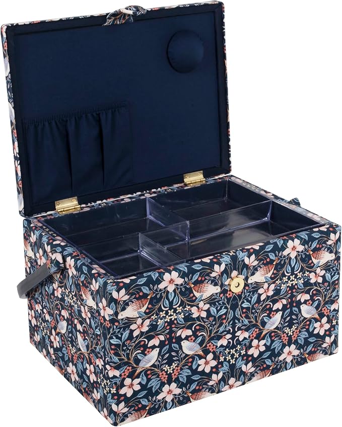 Hobby Gift Large sewing box - Birds in flowers made of embroidered cotton fabric with plastic handle, hard plastic inner tray with compartments, pin holder 23.5x31x20cm - Image 5