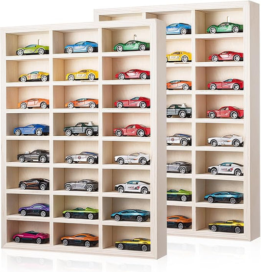 2 Pcs 24 Space Toy Cars Wheels Display Case 1: 64 Scale Model Cars Display Shelf Wooden Wall Mounted Die Cast Car Storage Rack for Gift Collectibles Toy Figurines Cabinet