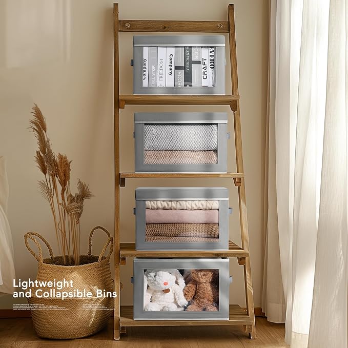 Decorative Bins with Lids - Stackable Cube Bins for Closet, 5 Pack Clear Windows Fabric Organizer Bins, Home Organizers and Storage for Clothes, CD, Towels, Grey - Image 4
