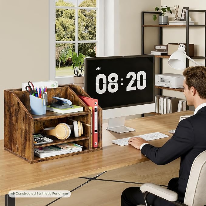 Wooden Desk Organizer with Adjustable Partitions, Multi-Layer Desktop File Holder for Home Office, Paper & Stationery Storage Organizer, Rustic Brown MWJ04FG - Image 2