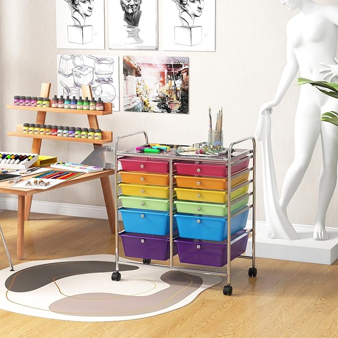 DREAMADE Rolling Cart with Storage Drawers, Utility Cart with Removable Plastic Drawers, Lockable Wheels, Art Cart for Classroom Organization Art Supplies Office Scrapbook (‎12 Drawers, Rainbow) - Image 2
