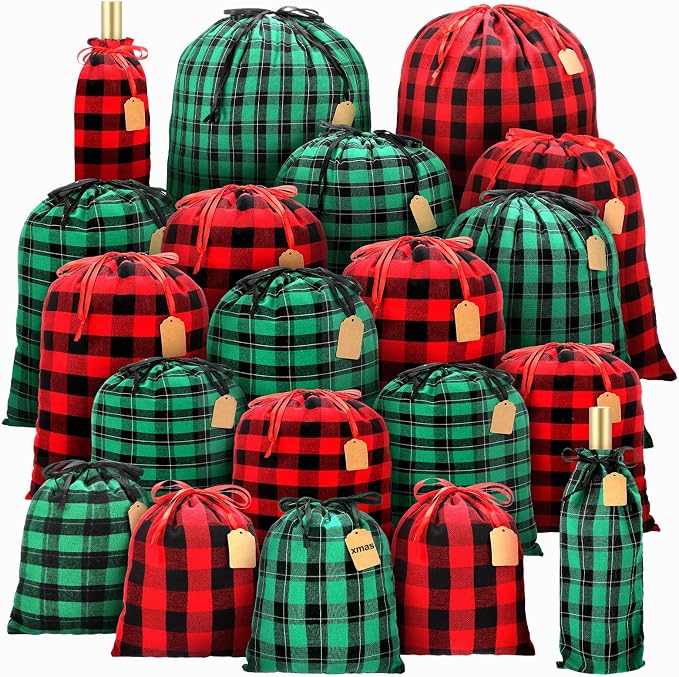 SilTriangle 20 Pcs Buffalo Plaid Christmas Drawstrings Gift Bags Reusable Fabric Christmas Bags Holiday Cotton Bag with Tag Assorted Sizes Holiday Present Bag for Gift Wrapping Storage by SilTriangle