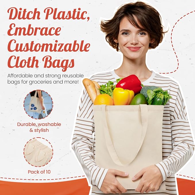 Simply Cool 20 Pack Canvas Tote Bag Bulk, Reusable Grocery Bags, Medium - Image 2