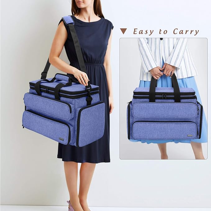 Yarwo Large Crochet Bag Knitting Tote, Yarn Storage Bag with Shoulder Strap | Organizer for Knitting Needles & Crochet Hook(Up to 14”), Clear Top Lid, Unfinished Project Compartment, 4 Yarn Holes, Blue - Image 5