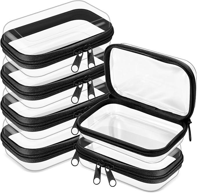 Sanwuta 6 Clear Hard Zipper Case,Black,5 X 3 X 2 Inch | Pencil Case Pouches ,Makeup Bag,Plastic Toiletry Diaper Bag ,Travel Toy Storage,Waterproof Organizer Bins by Sanwuta