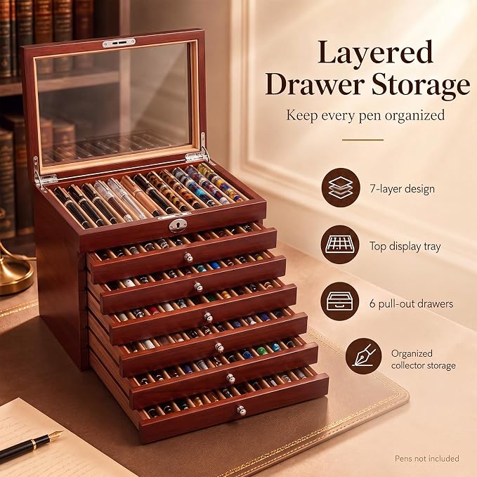 Silipull 78-Slot Fountain Pen Display Case, Key Lock, Cherry Finish, 7-Tier | Key-lock Top, Helps Limit Casual Access to Prized Pens, Glass Lid Displays Favorites, Six Drawers Organize 78 Pens. - Image 7
