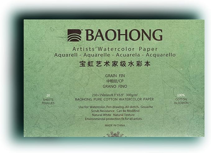 BAOHONG Artists' Watercolor Paper Block (20 Sheets, glued on Four Edges), 100% Cotton, Acid-Free, 140LB/300GSM, Watercolor Art Supplies for Wet, Dry, and Mixed Media Painting (Cold Press 8.3"X5.9") by BAOHONG