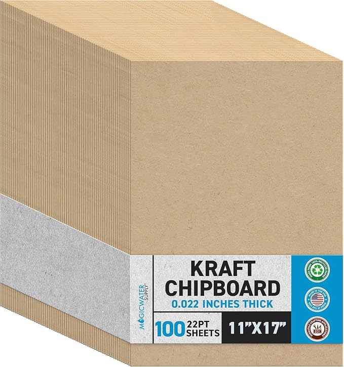 MagicWater Chipboard Sheet - 11x17 inch - 22 pt - 0.022" Thick - 100 Pack | For DIY Projects, Heavy Duty Kraft, Paperboard for Scrapbooking, Books, Picture Frame Backing, Art Projects & Crafts by MagicWaterSupply