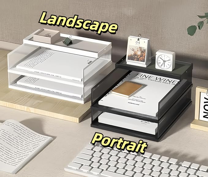 A3 Mesh Desk File Organizer, Stackable Paper Tray，Desktop Document Sorter, File Storage, 3/4/5-Tier Paper Letter Tray Organizer, Desk Accessories & Workspace, Black (5 Tier-Landscape-Black) - Image 3