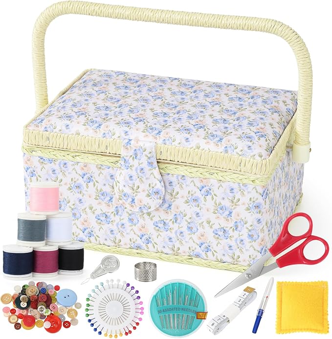 Sewing Basket with Sewing Supplies, Medium Sewing Box for Accessories Storage, Yellow Blue Flower - Image 3