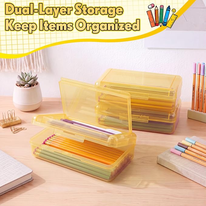 Blulu 6 Pack Double Layer Pencil Boxes Large Capacity,Yellow | with Snap-tight Lid Plastic Pencil Cases Pen Storage 8 x 5 x 2 in for Back to School Supplies Stationery Donation Office Home - Image 3