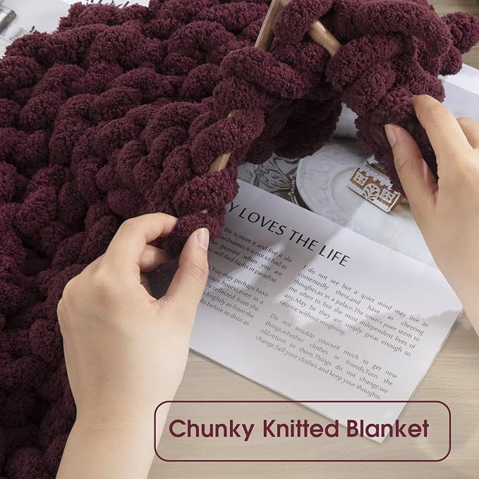 Hombys Wine Red Chunky Chenille Yarn for Crocheting & Knitting, Super Bulky Thick Fluffy Yarn for Hand Knitting Blanket, Soft Plush Yarn, 8 Jumbo Packs (27 yds, 8 oz Each Skein) - Image 5