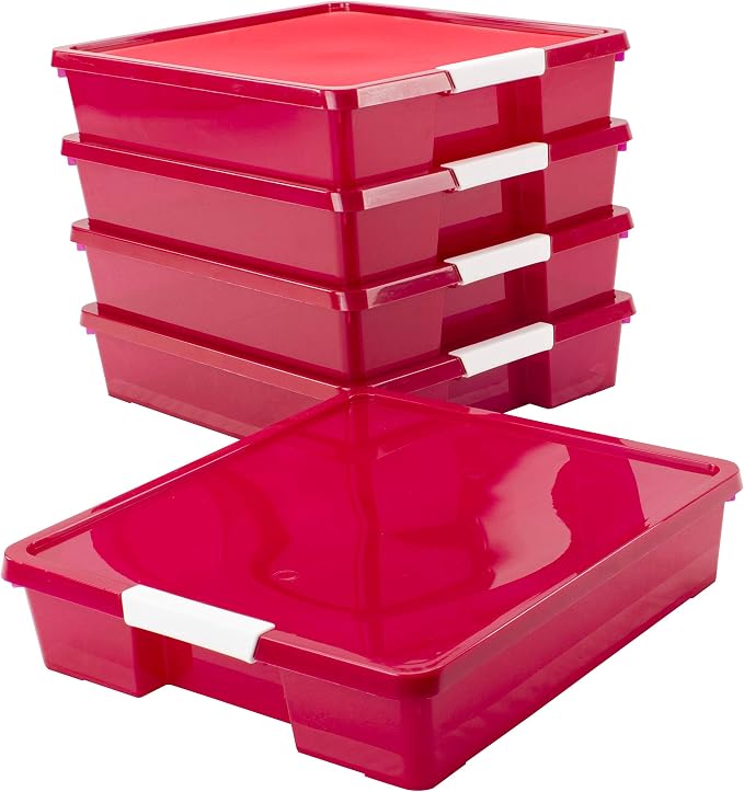 Storex Classroom Craft Project Box – Stacking Plastic Organizer Fits 12x12 Scrapbooking Paper, Red, 5-Pack (63204U05C) - Image 4