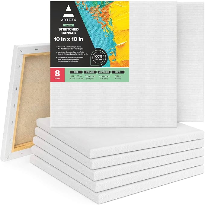 ARTEZA Square Stretched Canvas for Painting, 10 x 10 in, Pack of 8, Pre-Primed White Canvases for Acrylic, Oil, Gouache, Tempera, and Pouring Art by ARTEZA