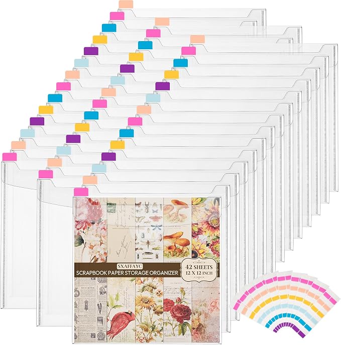 42 Pack 12x12 Scrapbook Paper Storage Organizer with 120 Label Stickers, Clear PVC Acid-Free Sleeves with Sealing Design for Cardstock, Vinyl, Photos - Craft Room, Office & School by Sxaffayc