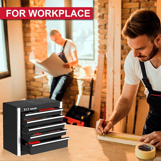 P.I.T. Mini Tool Box,Small Metal Toolbox Organizer with 5 Drawers,Black | 8.6"W X 4.6"D Cute Size,Q235 Steel,Magnetic Locking Mechanism,PVC Drawer Liners - Image 3