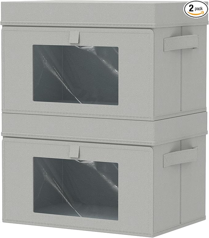 Fabric Storage Bins with Lids, 2 Pack, Grey, 15x9.8x9.8 In | Closet Boxes with 2 Carrying Handles and Sturdy Heavy PP-board, Transparent Window Home Organizers Cubes by Unknown