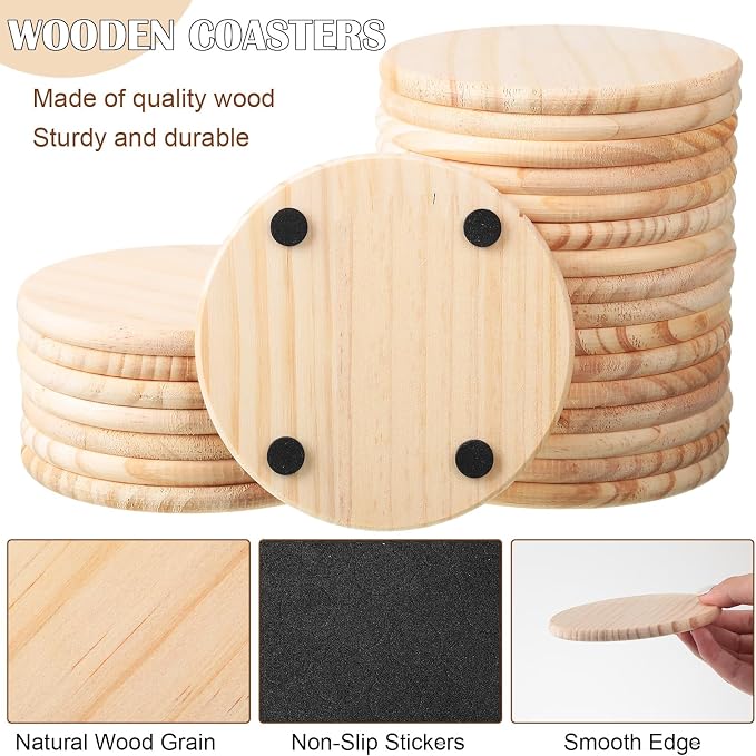 Hushee 72 Pcs Unfinished Wood Coasters 4 Inch Blank Wooden Coasters for Crafts with Non Slip Foam Pad Stickers Wooden Craft Tabletop Protection for Christmas DIY Painting Engraving Home Decoration - Image 3