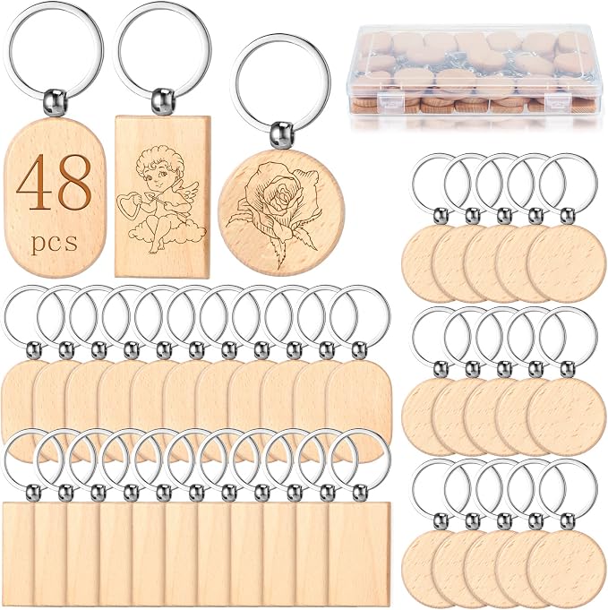 Fumete Wooden Keychain Blanks Wood Engraving Unfinished Key Chain with Storage Container for DIY Gift Craft Supplies(48 Pcs) by Fumete