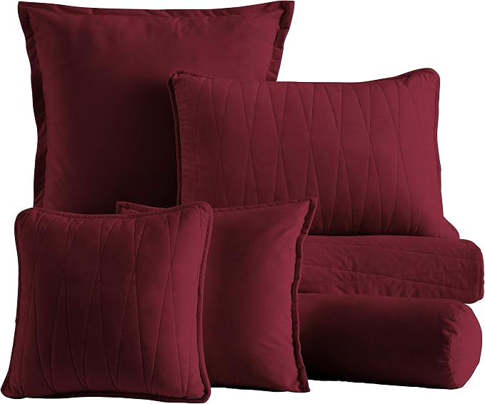 Velvet Quilt Maxi Set, Seven Pieces Ensemble, Jewel Premium Heavy Velvet Collection, Cotton Backing, Cotton Batting, Full/Queen, Burgundy - Image 6