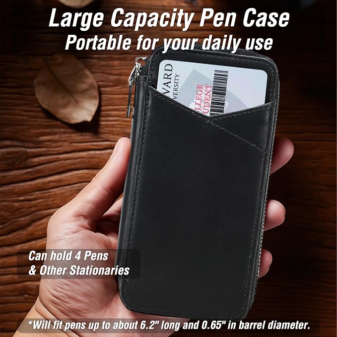 Top Grain Genuine Leather 4 Fountain Pen/Pencil Case Pouch, Handmade Minimalist Design, Zipper Closure with Multi-Function & Slots, Gift Choice for Man/Woman/Office, Glossy Black, 4 Slots - Image 2