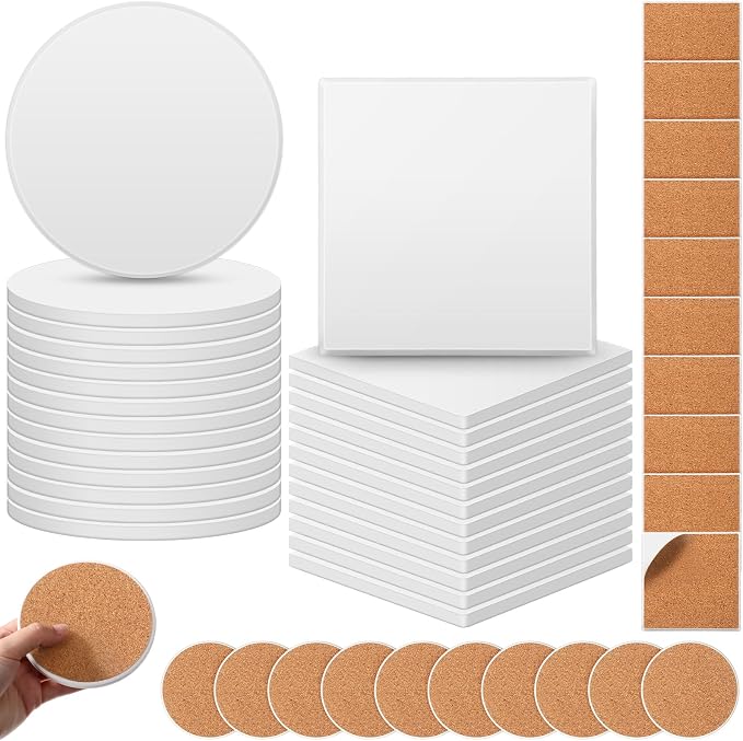 Zopeal 48 Pcs Ceramic Tiles for Crafts Coasters Include Unglazed White Ceramic Tiles with Cork Backing Pads Use with Alcohol Ink Acrylic Pouring for DIY Project Gift (Square,Round) by Zopeal
